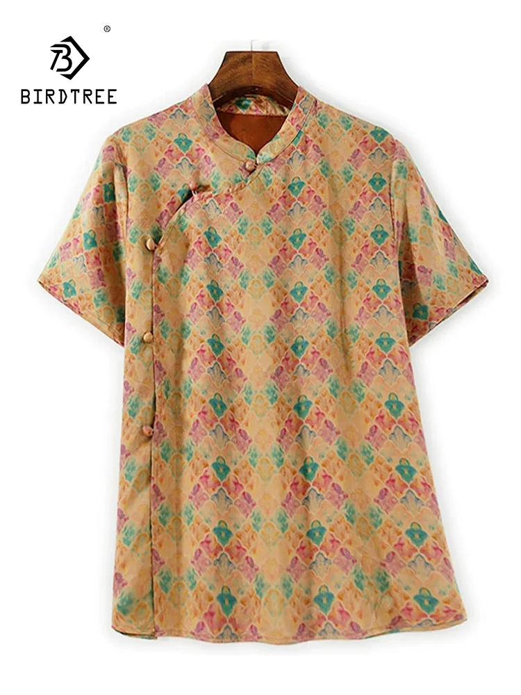 

BirdTree-Watered Gauze Silk Elegant Shirt, Women Short Sleeve Jacquard , Retro Literature Loose Blouse, 2025 Summer New T56694CC