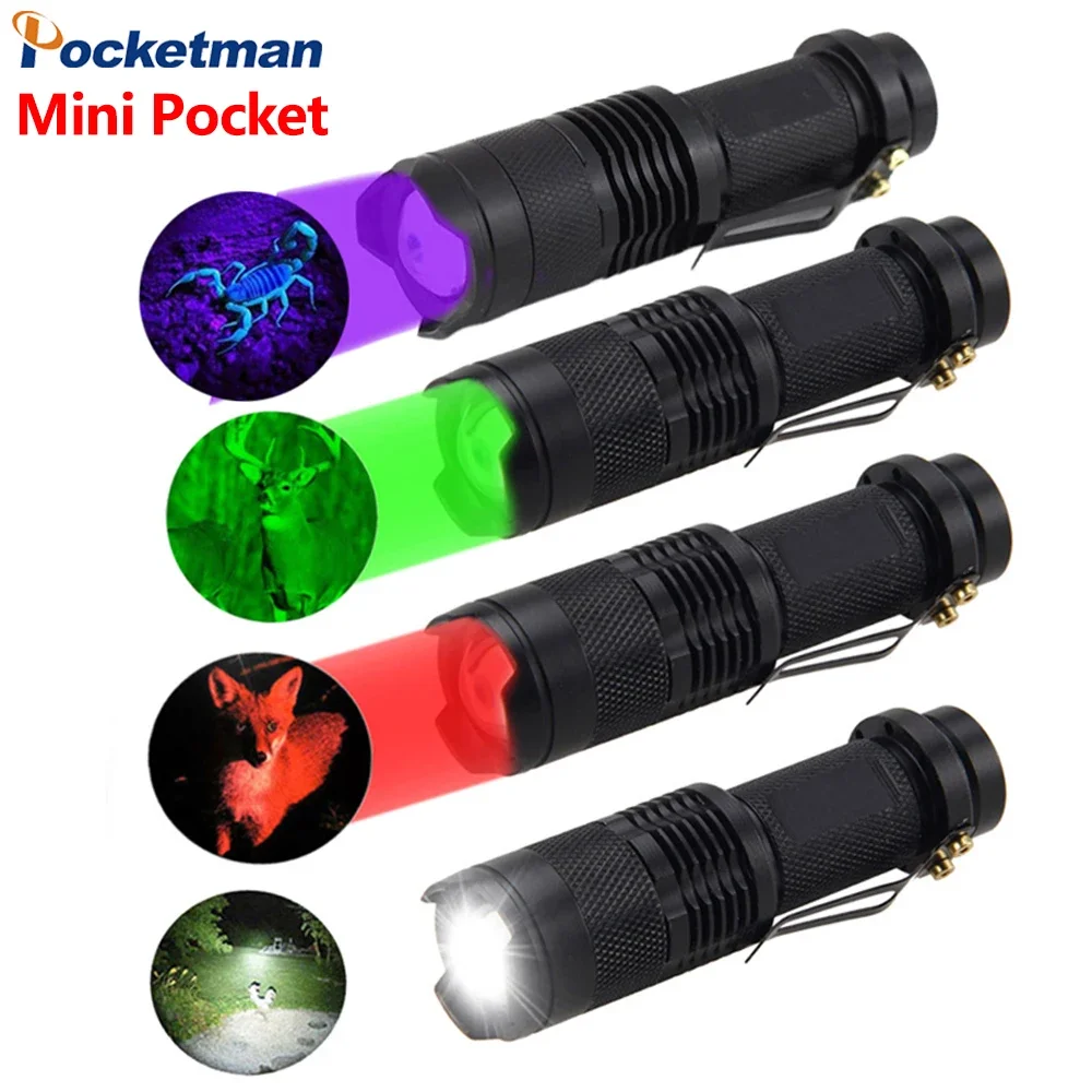 Mini Zoomable LED Flashlight Small Pocket Pen Clip Torch White/Green/Red/Purple Beam Lanterns Waterproof Camping Fishing Lights