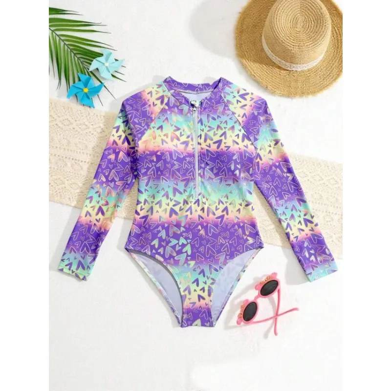 Stampa Costume intero per ragazze 8-12 anni Costume da bagno per bambini Costumi da bagno per bambini adolescenti 2024 Manica lunga Costumi da bagno da surf Spiaggia