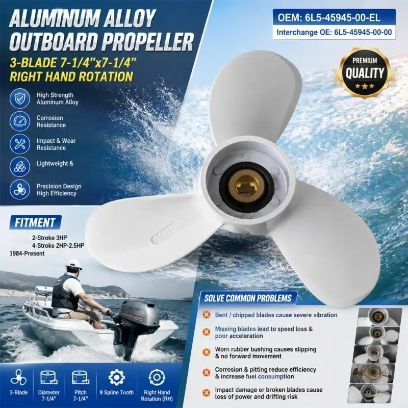 M76E Marine-Bootspropeller-Ersatz, 3-Blatt-Außenbordmotorpropeller aus Aluminium für 2-3 routinemäßige Wartung mit – Detail 4