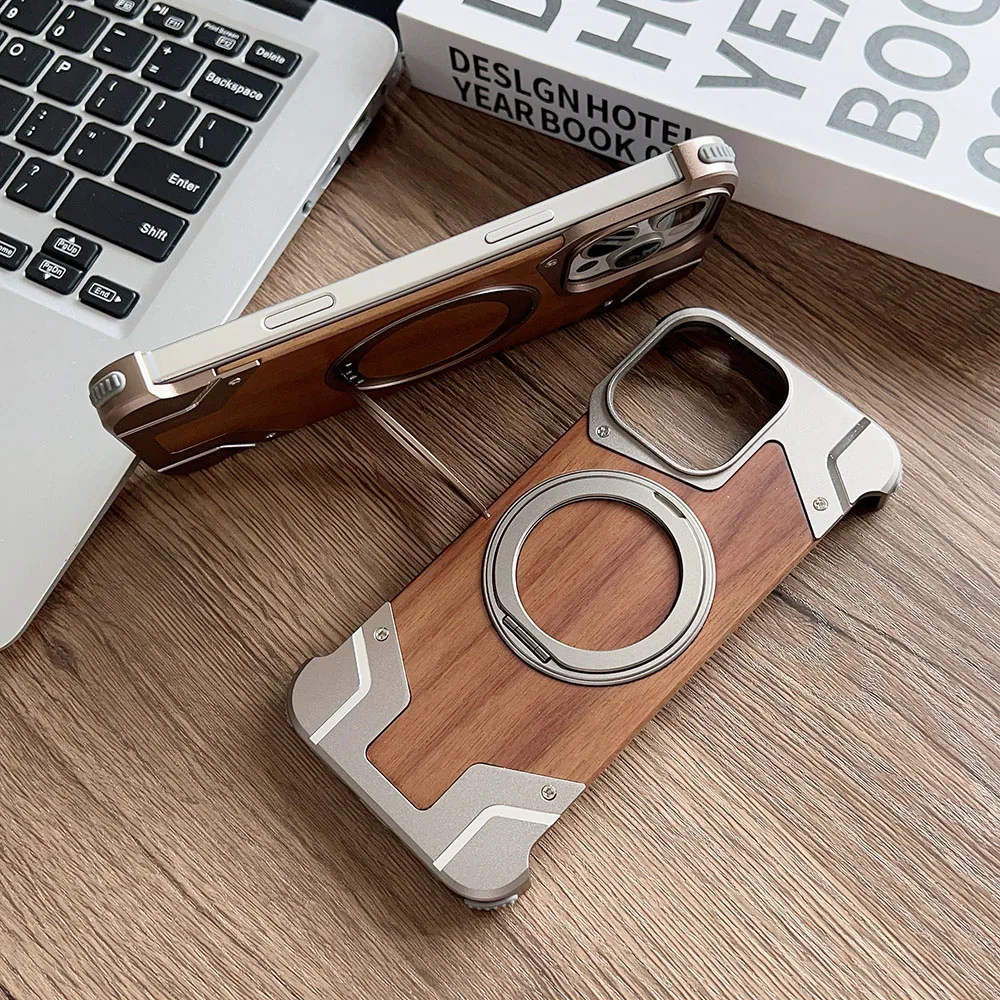 Luxury Magnetic Metal Wood Walnut Mixture Ring Stand Holder For iPhone 16 15 Plus 14 13 Pro Max Case Can Magsafe Charge Funda