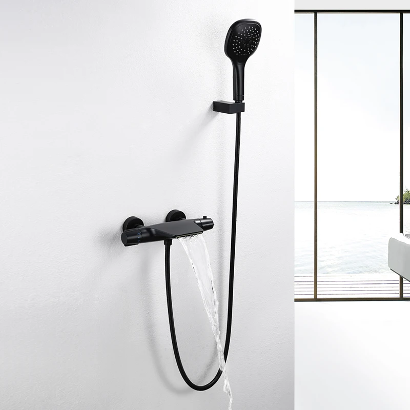 

Qlonn Thermostatic Bathtub Faucet with Handheld Shower Chrome Wall Mounted Mixer Tap Waterfall Spout for Hotel Home Bathroom