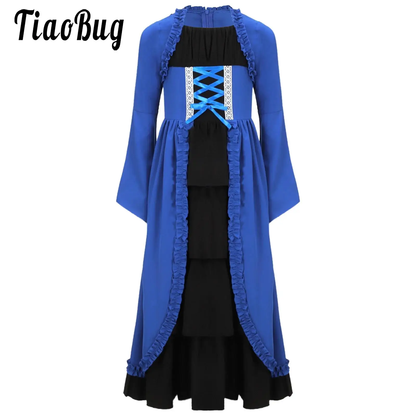 

Kids Girls Halloween Medieval Renaissance Costume Princess Dress Long Sleeve Zipper Layered Ruffled Long Dress for Themed Party