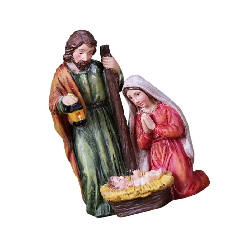 E8BD Resin Nativity Scene Sculpture LED Lighted Decors Christmas Holy Family Statue