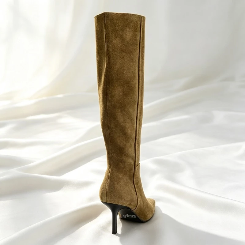 2026 New Suede Heeled Knee-high Boots Women Pointed Toe Retro Winter Boots Female Dress Fashion Designer Knight Long Boots Women image 3