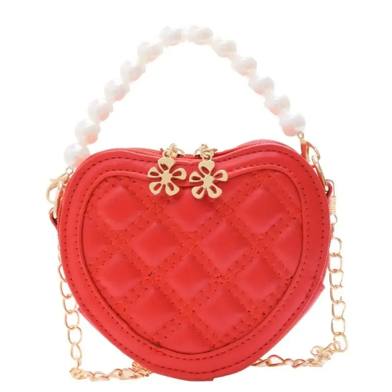 Mini bolso de hombro con asa de perla para niñas, Cartera de princesa, monedero, bolsos cruzados en forma de corazón para niños