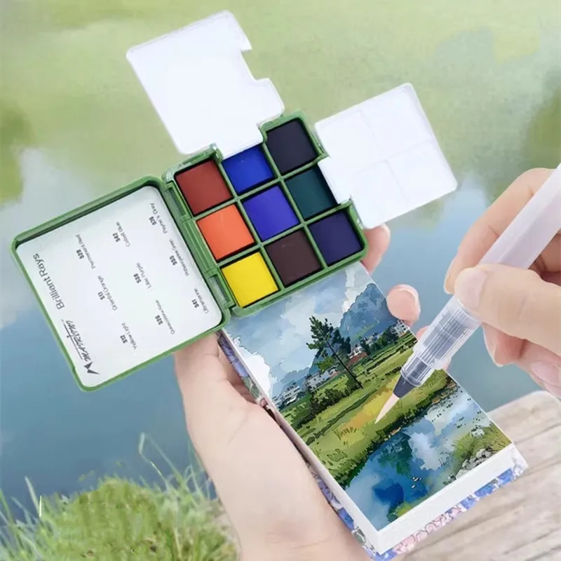 MAIRTINI Travel Watercolor Paint Set 9 Colors 100% Cotton Paper Mini Solid Water Color Paint With Palette Painting Supplies