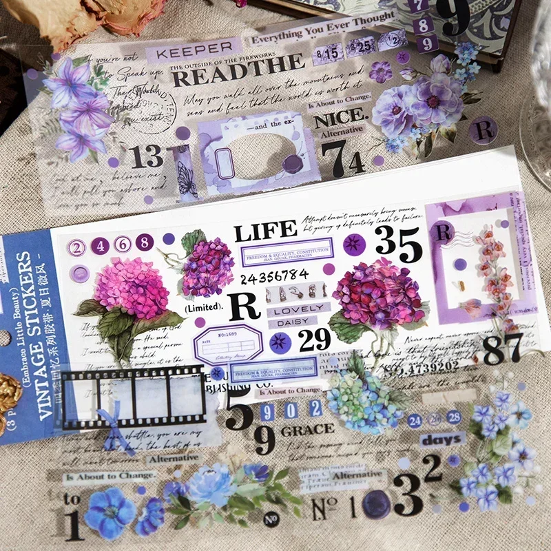 3Sheets Four Seasons Memories Vintage Tape Package Botanical Iris Letter Rain Supplies Background Material Scrapbook 200*75MM