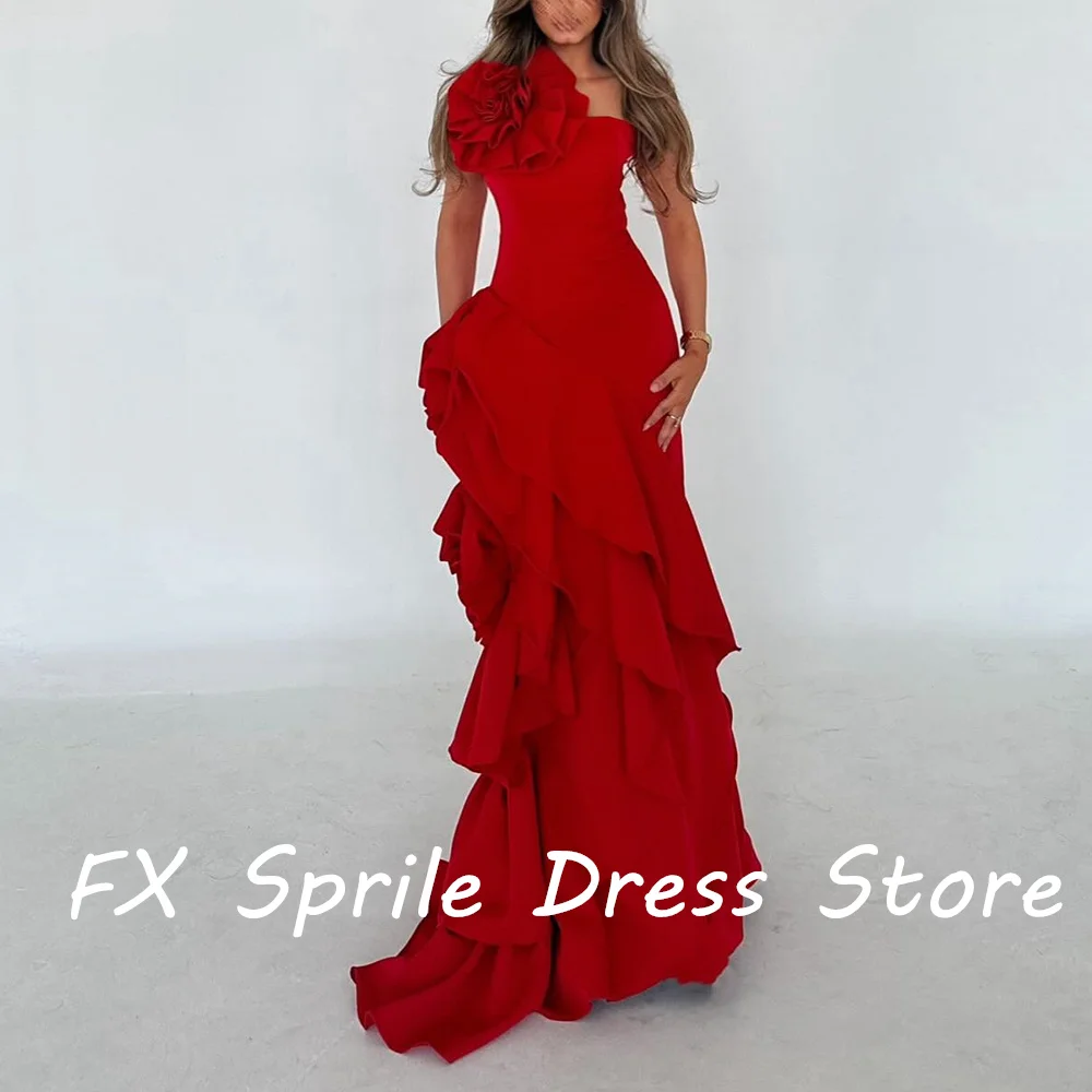 Red Strapless One Shoulder Ruffles 3D Flowers Jersey Mermaid Floor Length Sleeveless Exquisite Evening Party Dress Woman