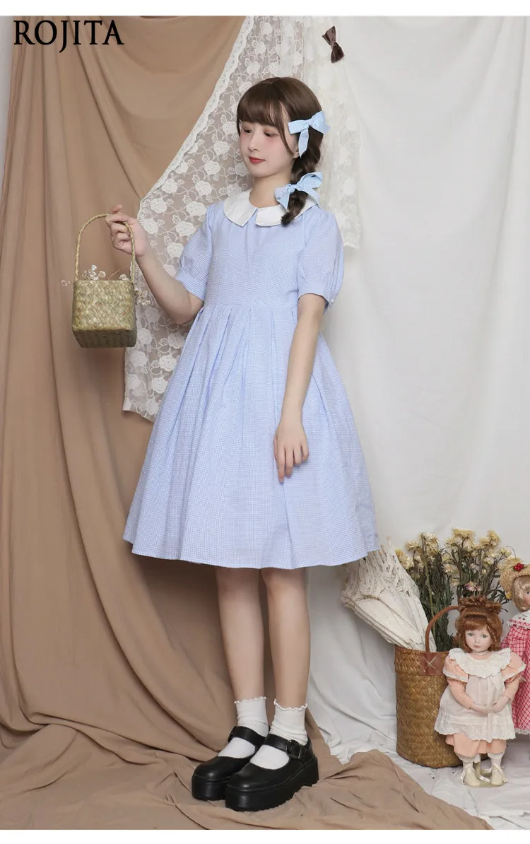 

Cute Japanese Short-sleeved Plaid Doll Collar Dress for Women Sweet Gingham Peter Pan Collar Lolita Dress Ruffle Sleeve OP Dress