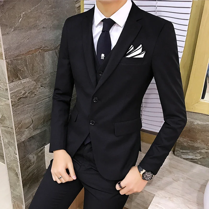 Suit (Blazer+vest+pants) Men\'s Fashion Business Korean Version of Solid Color Slim-fit Wedding Professional Gentleman Dress 6XL