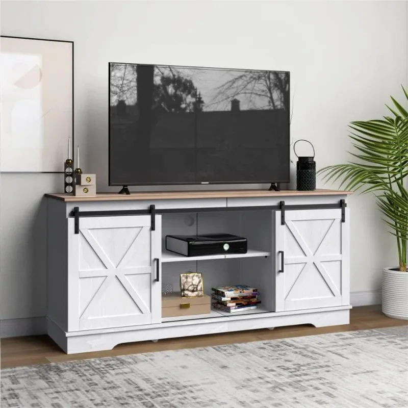 Farmhouse TV Stand for 65/60/55 Inch,Wood TV Media Console Storage TV Cabinet for Living Room for 300lbs, Grey White & Grey Wash