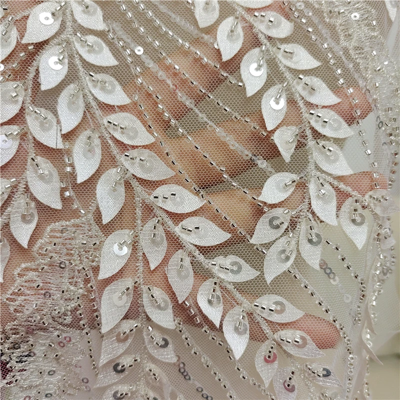 Luxury Patch Leaf Beaded Embroidered Lace Fabric With Delicate Sequins For Wedding Dress