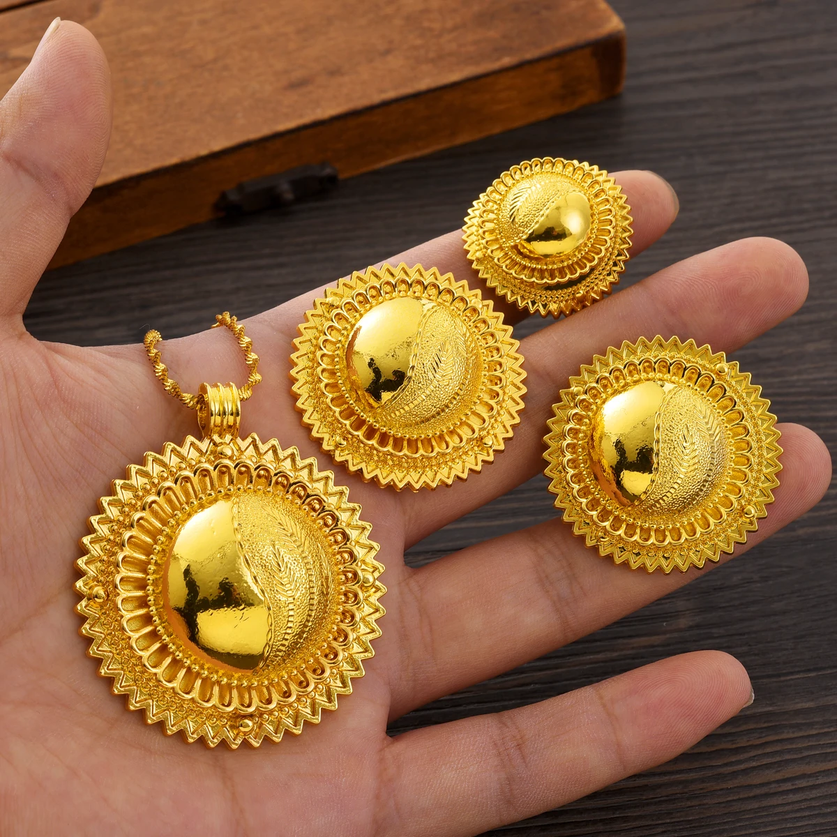 Gold Color Ethiopian Jewelry Sets Necklace Earrings Ring 3-piece Sets Dubai Wedding Bride Sets African Gifts #TZ052