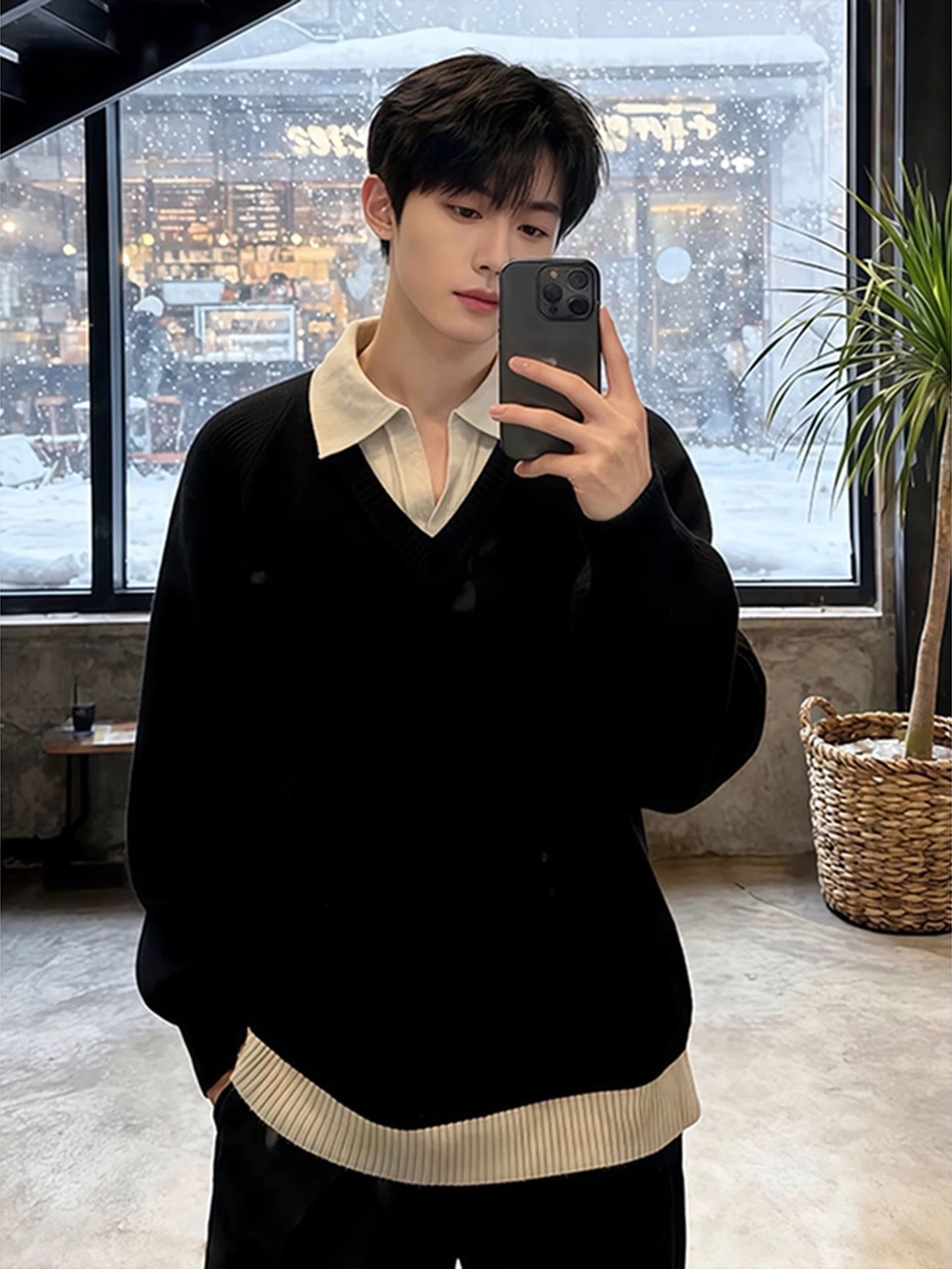 

Мужской свитер Bla irt: многослойный, теплый, вязаный, повседневный, из полиэстера, с V-образным вырезом, для зимы