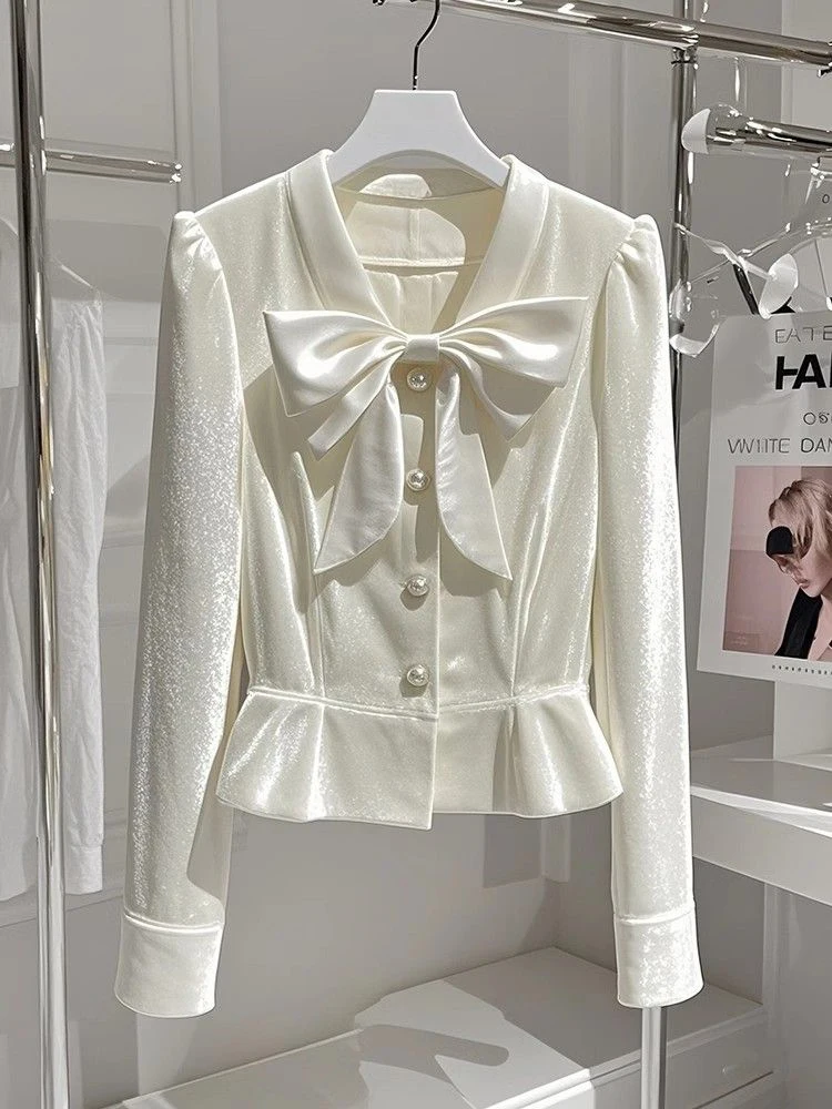 Good quality,New,Spring,European,Clothes,Blouse,Women,Fashion,Sexy,V-neck,Button,Bowknot,Cardigan,Velvet,Tops,Long Sleeve,58023