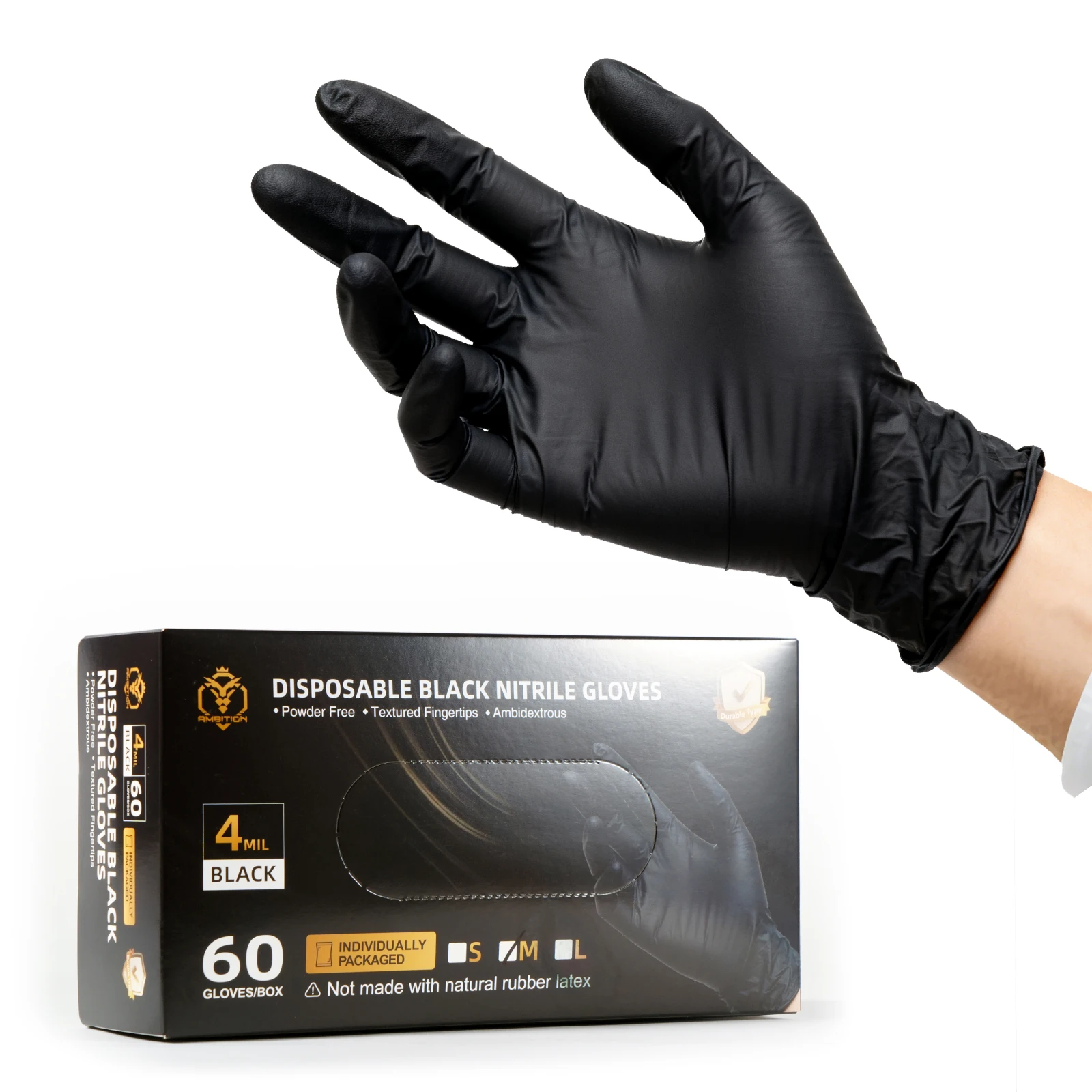 60PC Two Sizes M&L Black Nitrile Gloves Thickened 4mil Clean Disposable Gloves Tattoo Work Latex-Free Mechanic Tattoo Glove