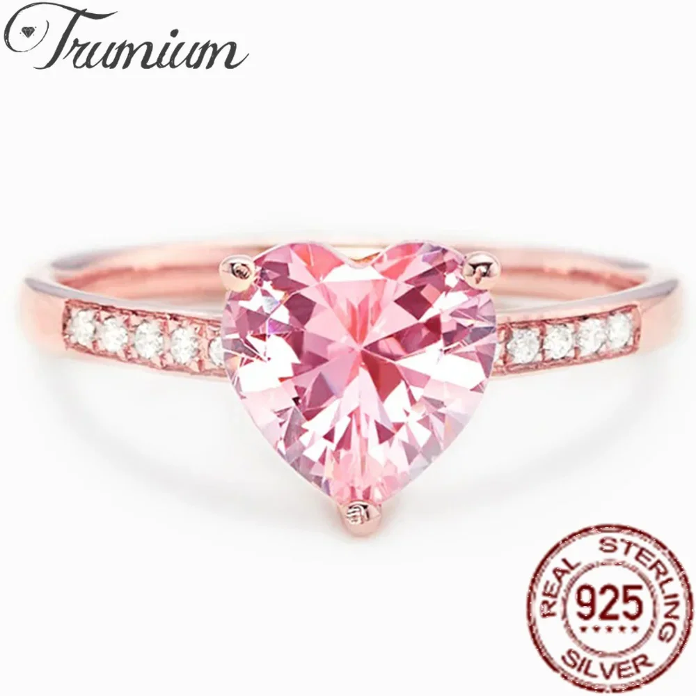 Trumium 925 Sterling Silver Luxury Solitaire Women Heart Engagement Rings Pink Cubic Zirconia Proposal Rings For Girlfriend Gift