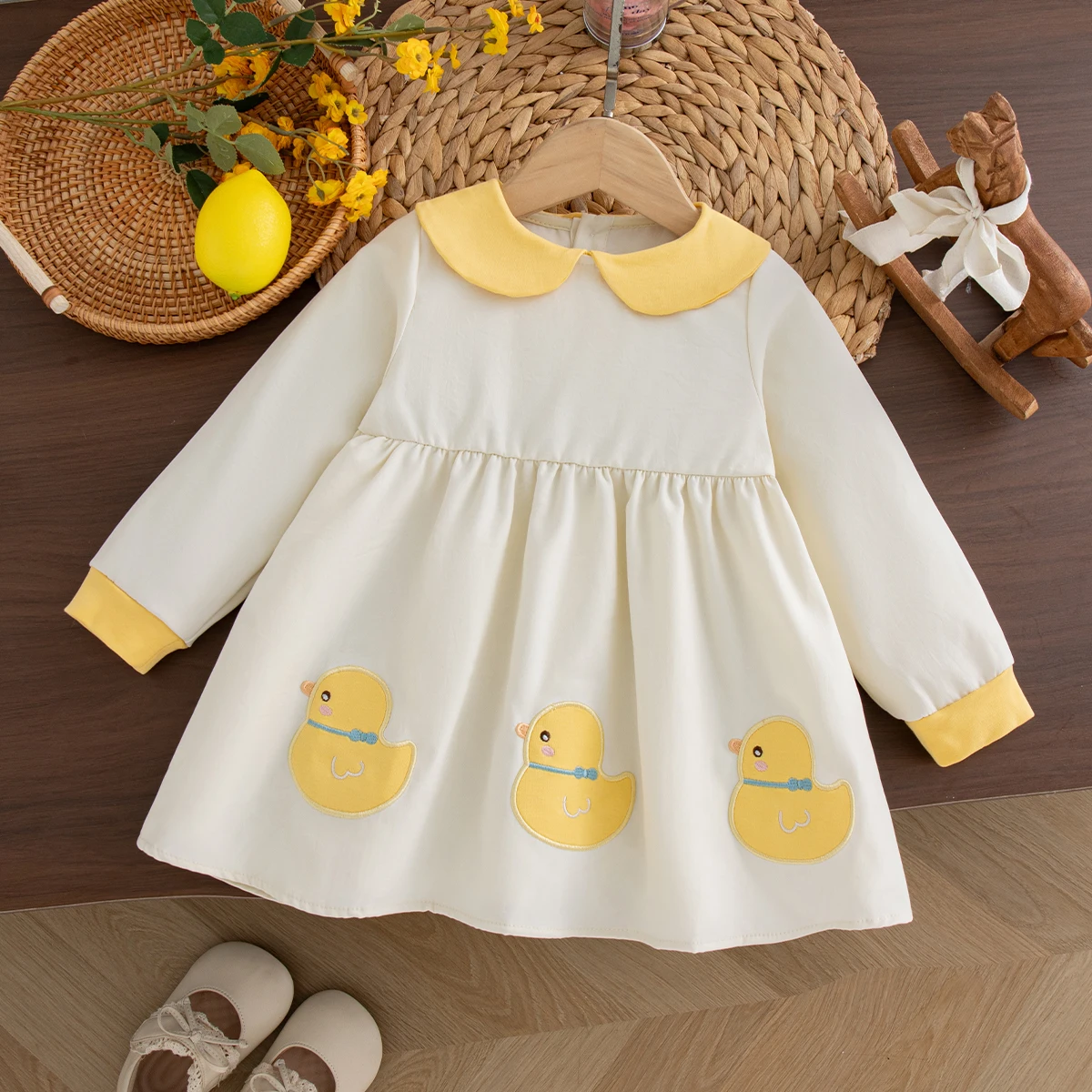 Baby Girl Long Sleeve Dress Doll Collar Yellow Duck Embroidery Dress for 0-3Y Girls Spring Fall Casual Outfit OOTD