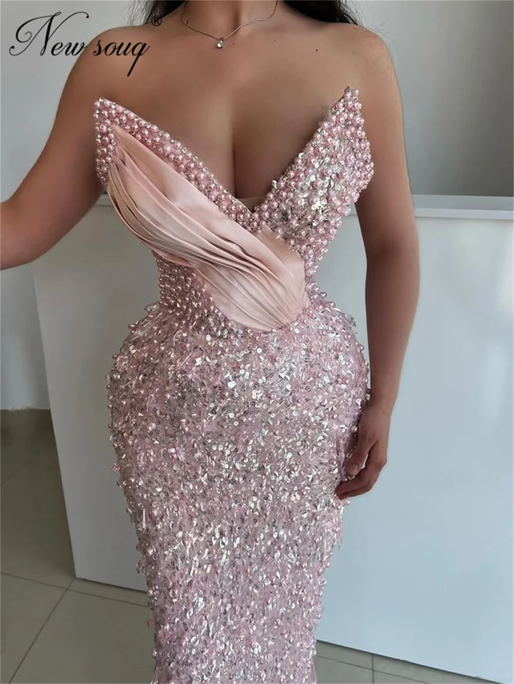 2025 Aangepaste Roze Parels Avondjurken Robes De Soiree Zeemeermin Pailletten Cocktailjurk V-hals Verjaardagsfeestje Receptie Jurk