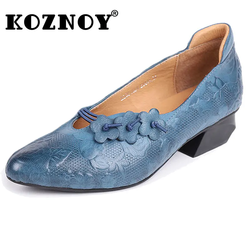 

Koznoy Heel Sandal with Ethnic Flowers for Women 3.5cm New In Shoes Appliques Luxury Plus Size Artistic Sheepskin Leather Summer