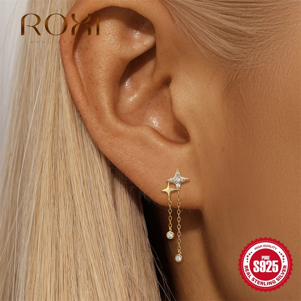 

ROXI 925 Sterling Silver Four Pointed Star Tassel Pendant Piercing Earring For Woman Simple Versatile Collocation Fine Jewelry