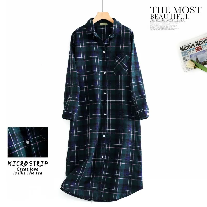 

Весенне-осеннее женское повседневное клетчатое ночное платье, женская ночная рубашка из 100% хлопка, пижамы с длинными рукавами, повседневное домашнее платье большого размера