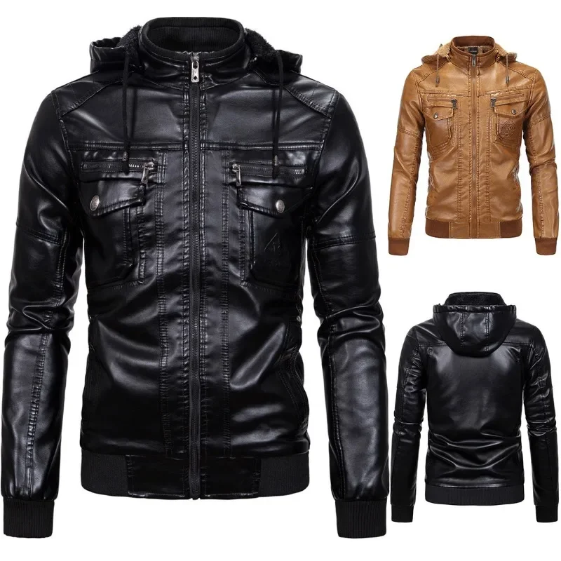 

2024European Size Men's Leather Washed Leather Hooded and Fleece Warm Leather Jacket Plus-size Men's Coat