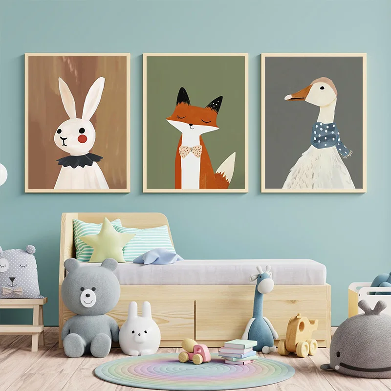 Funny Cute Cartoon Animals Minimalist Nordic Posters Prints Canvas Painting Wall Art Picture Living Room Kindergarten Home Decor