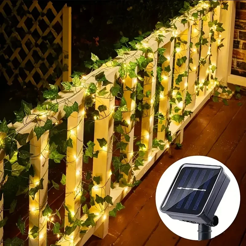 

LED Solar-Powered Green Leaf Vine String Lights Festive Ivy Design for Outdoor Hanging 8 Modes for Christmas Halloween Decor