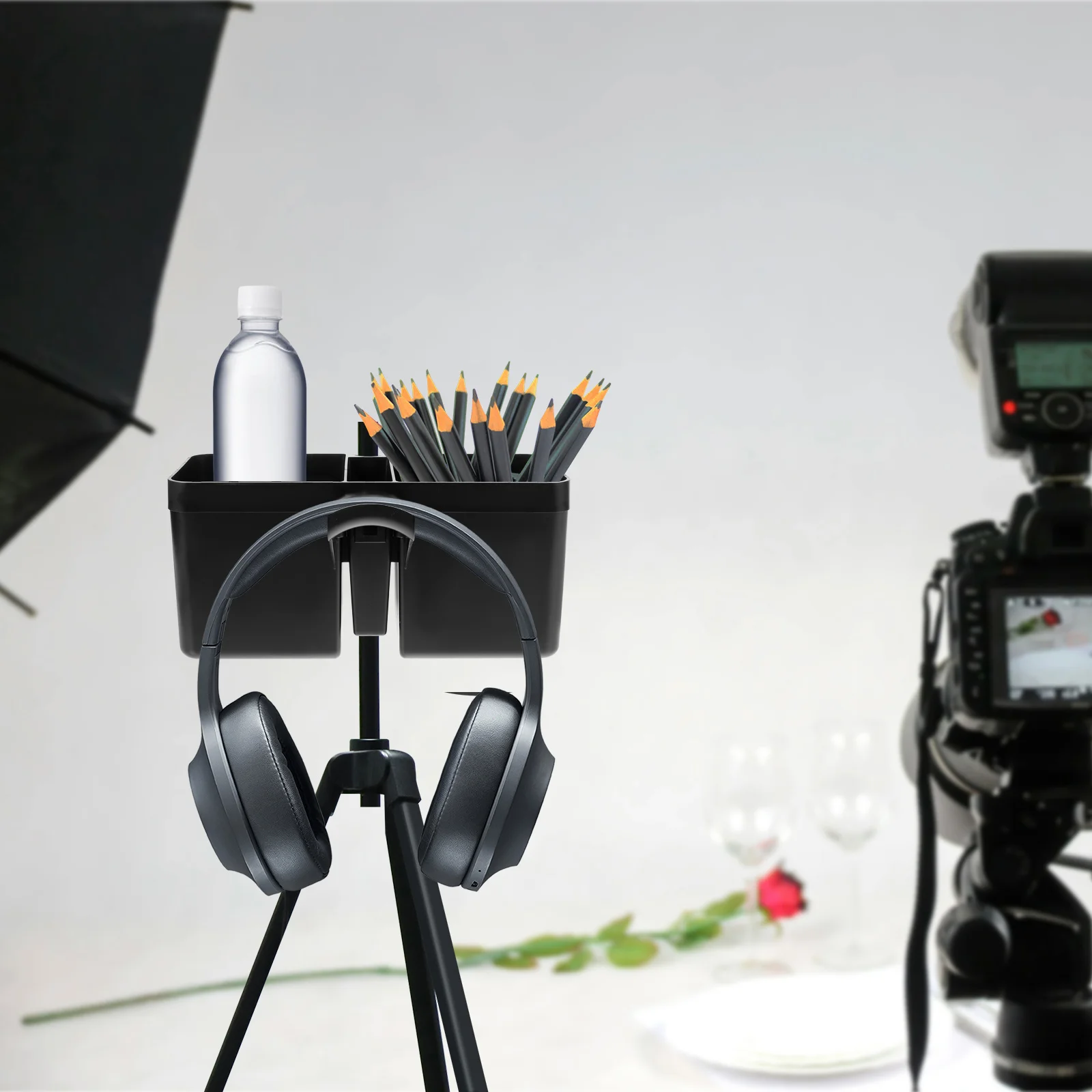 

Multi-Functional Water Cup Holder Microphone Stand Drink Holder Headphone Stand Tray Black Accessories