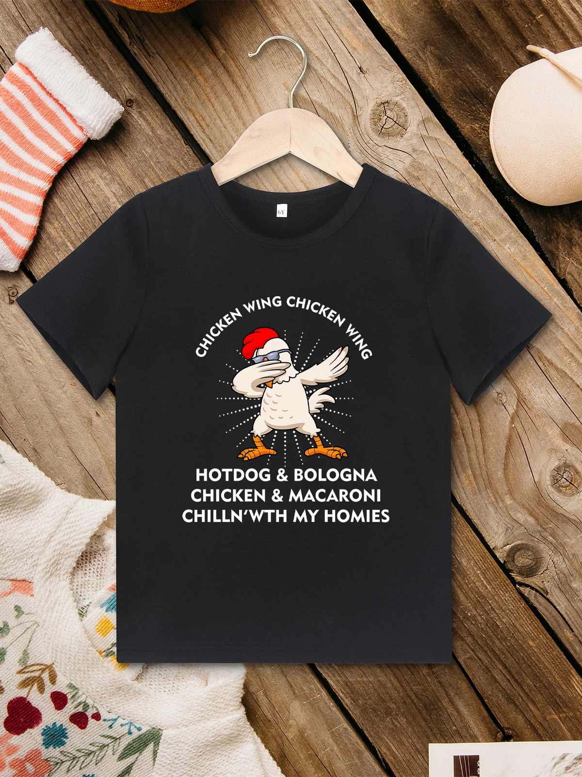 Funny Chicken Dad Dance Pattern Summer T Shirt for Boy Fashion Hip Hop Element Home Party Kids Clothes Black High Quality Fabric