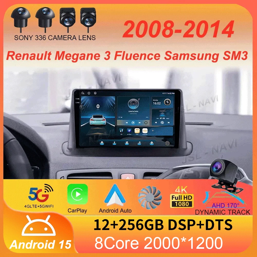 

Android15 For Renault Megane 3 Fluence Samsung SM3 2008 2009 20010 - 2014 Car Radio Navigation Multimedia Player DSP BT Carplay