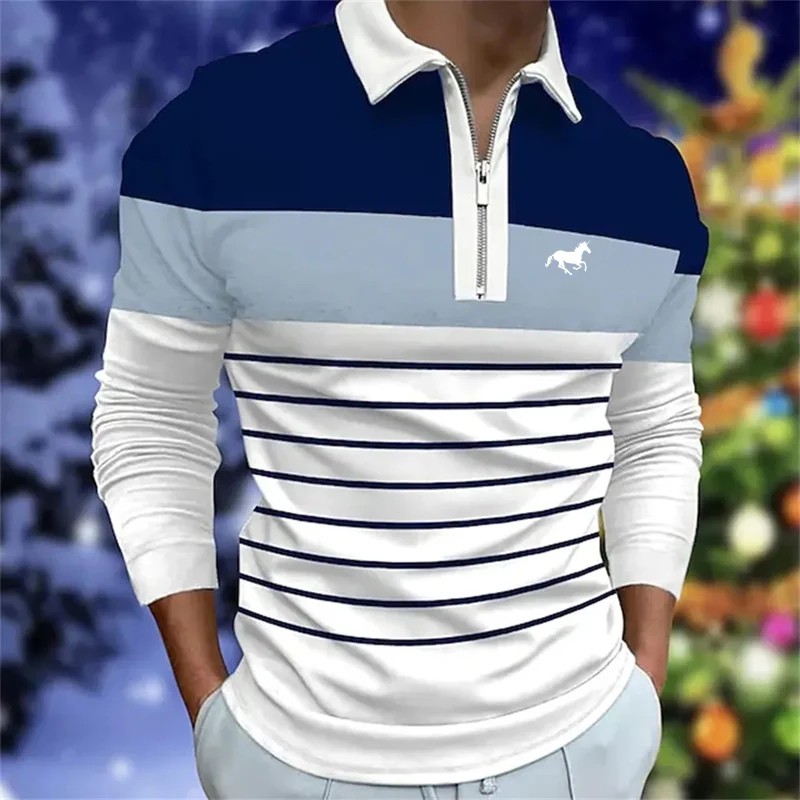 Spring Autumn Men Long Sleeve Casual Turn-down Polo Shirt 100% Polyester Quick Drying Zipper Tops Stripe Golf Polo T Shirt