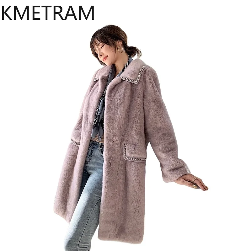 Kmetram Abrigos de Piel de Visón Natural para Mujer, Chaqueta Larga Elegante de Piel, Abrigo Cálido de Invierno Informal de Piel Auténtica, Ropa de Mujer 2026, шуба женская