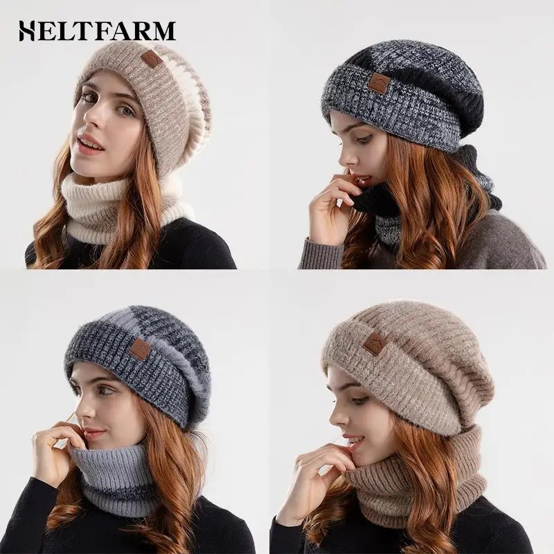 Winter Hat & Scarf Women\'s Two Tone Fashionable Ear Protection Beanie Hat Plush Neck Warmer Scarf Set