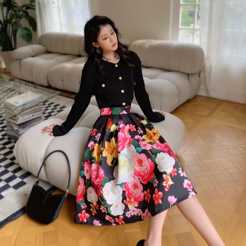 Women\'s Fashion Vintage Summer Designer Flower Print Skirt Female High Waist A-line Skirt Ladies Elegant Temperament Skirts Q625