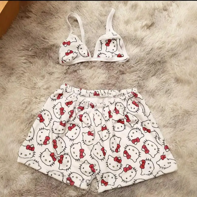 

Lingerie Suit Sanrio Cute Pajamas Girl Hello Kitty Cartoon Vest High Quality Shorts Outerwear Kawaii Casual Fashion Home Clothes