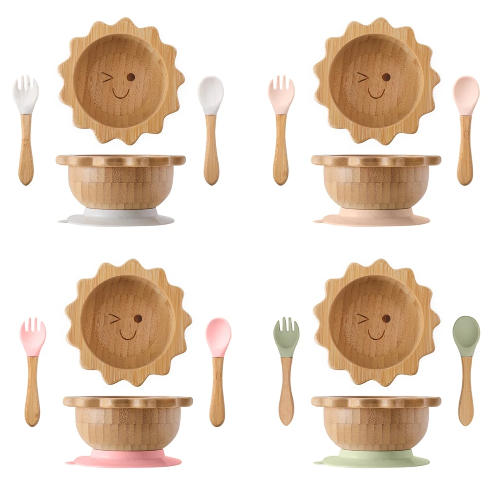 3pcs Baby Wooden Tableware Set Kids Sun Bamboo Bowl With Suction Bowl Silicone Infant Wooden Handle Fork Spoon Feeding Supplies