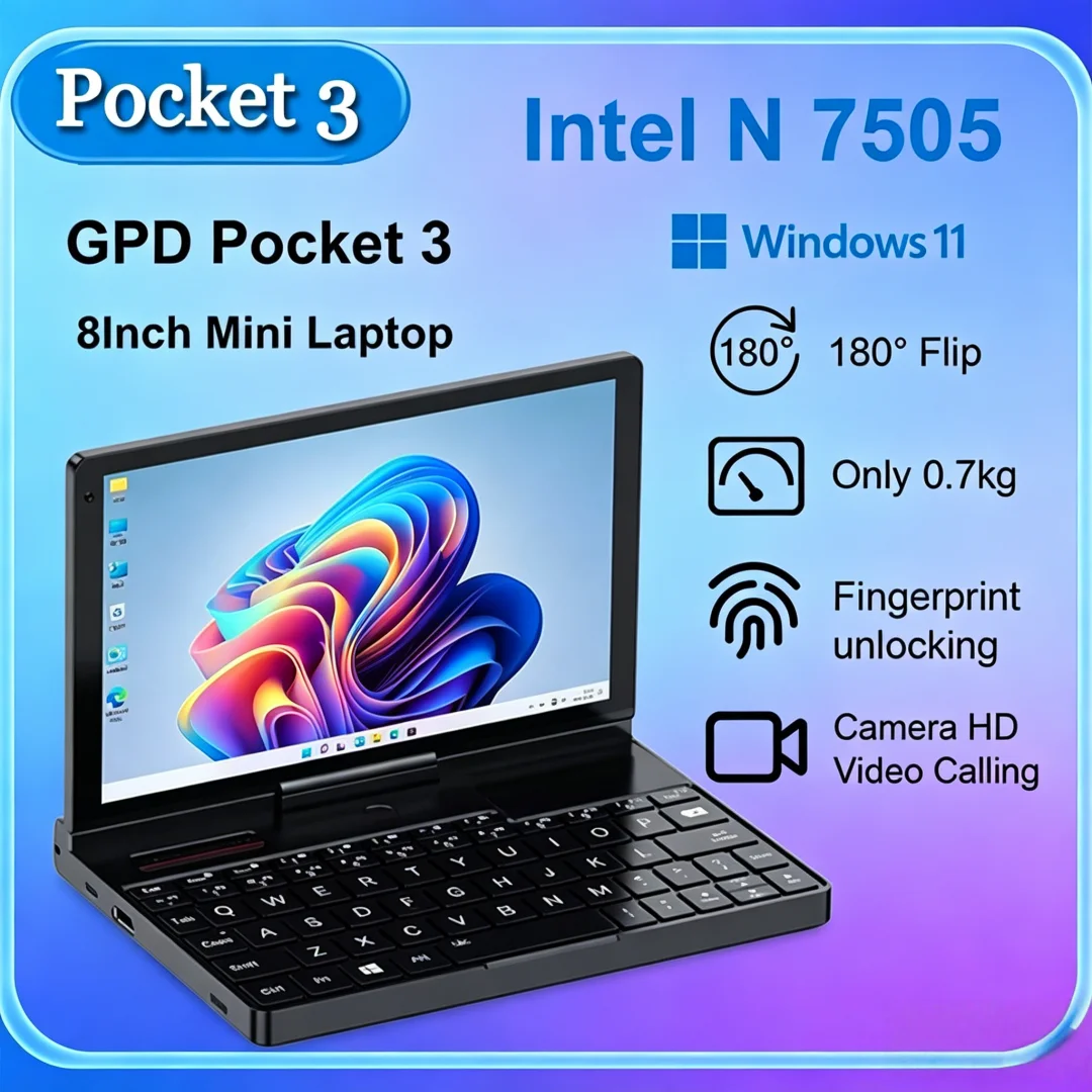 

GPD Pocket 3 Mini Laptop 8-Inch Intel Gold 7505 16GB 512GB SSD High-End Durable Handheld Notebook with Full-featured Windows 11
