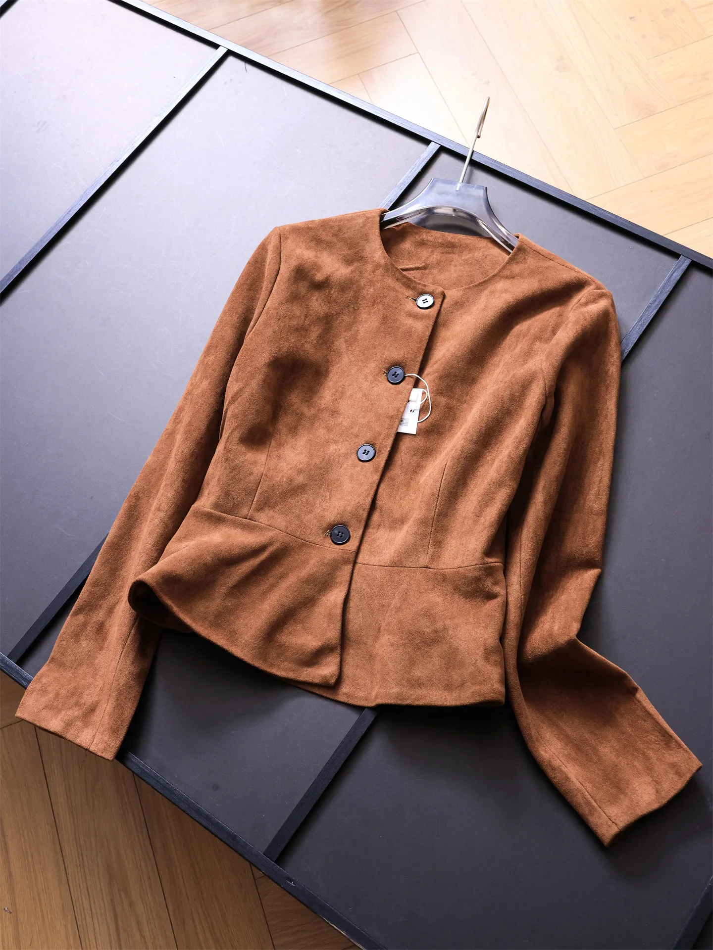 

Slimming Faux Suede Long Sve round Ne Commute Coat Women's Jaet Casual Sle Waist-Cinching Design Autumn New Arrival
