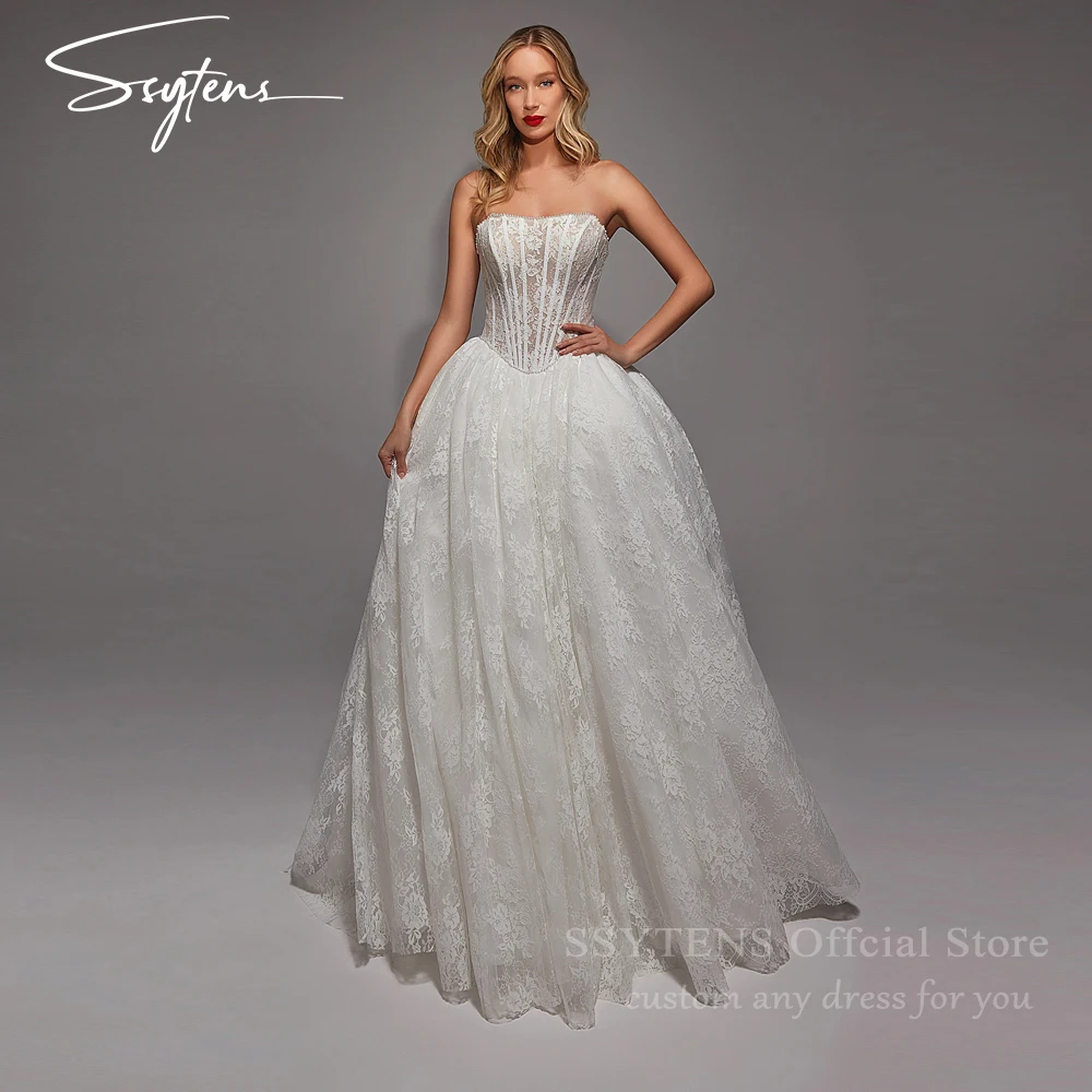 

SSYTENS Strapless Full Lace Wedding Dresses A-line Sleeveless Bridal Dress Elegant Long Wedding Gowns Robe De Mairee Customized