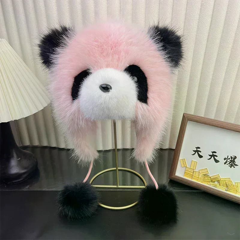 Faux Mink Fur Cap Plush Panda Hat Winter Women's Ear Protection Hat Fashion Bomber Hat Outdoor Thicken Furry Wind Snow Caps