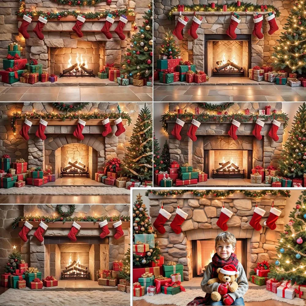 

MOON.QG Christmas Brick Fireplace Photography Backdrop Happy New Year Photo Background Professional Studio Photobooth Supplies