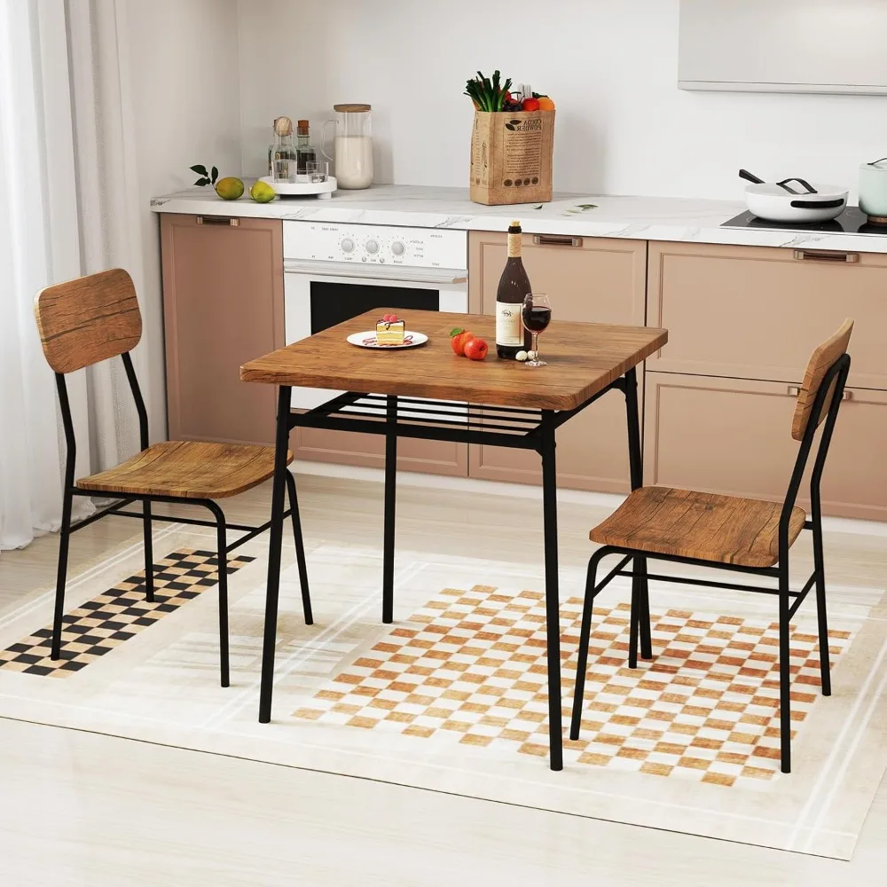 Ensemble de Table à manger carrée pour 2, Table et chaises de cuisine compactes à cadre métallique avec support de rangement intégré, dîner peu encombrant