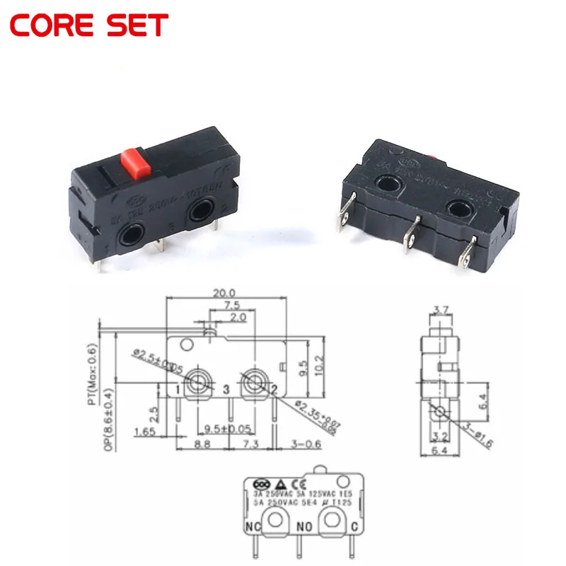 100Pcs Long Foot Micro Switch 3Pin NO/NC Mini Limit Switch 5A 250VAC KW12-A Snap Action Push Micro Switches