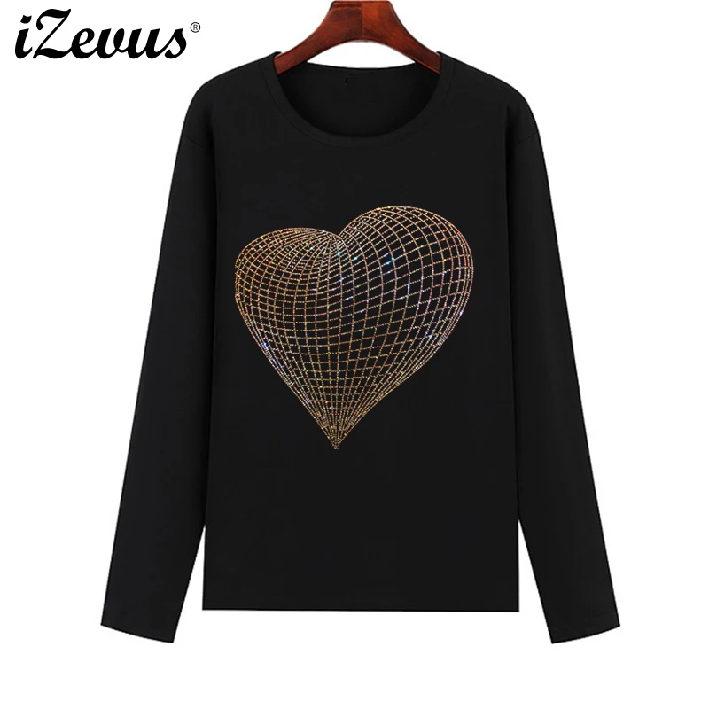 Stereoscopic diamonds love heart ornaments Figure fall and winter women's long-sleeved cotton casual T-shirt High-quality T-shir