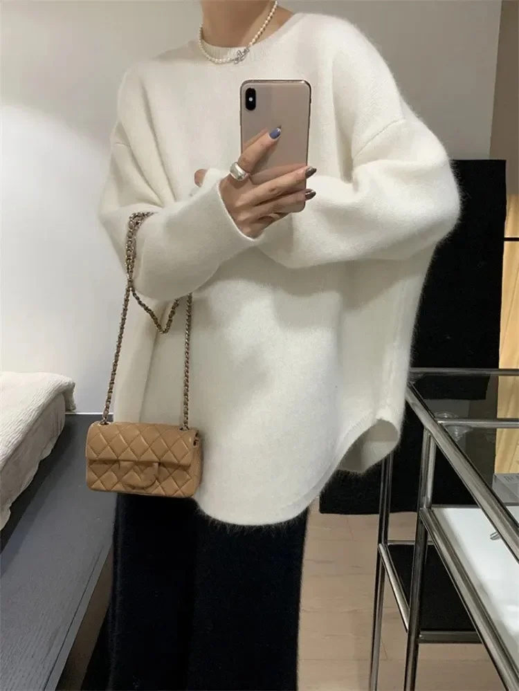 Women Loose Cashmere Sweater Korean Mid Length Knitwear Vintage French Solid Oversized Pullover Autumn Winter Turtleneck Sweater