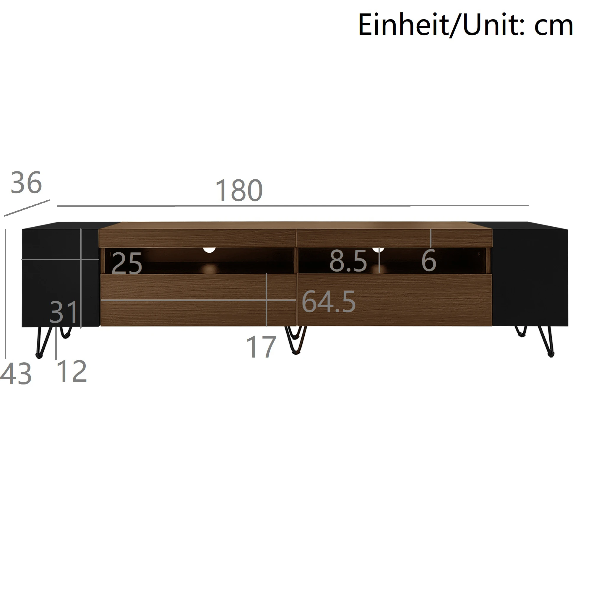 Modern tv-meubel, zwarte houten afwerking - 180 cm lang