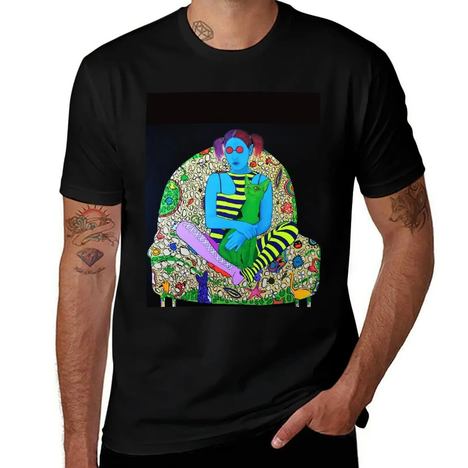 Cat, Osy Milian, tattooed chair, colorful, teen girl, owo, Backroom Art T-Shirt tops men clothes